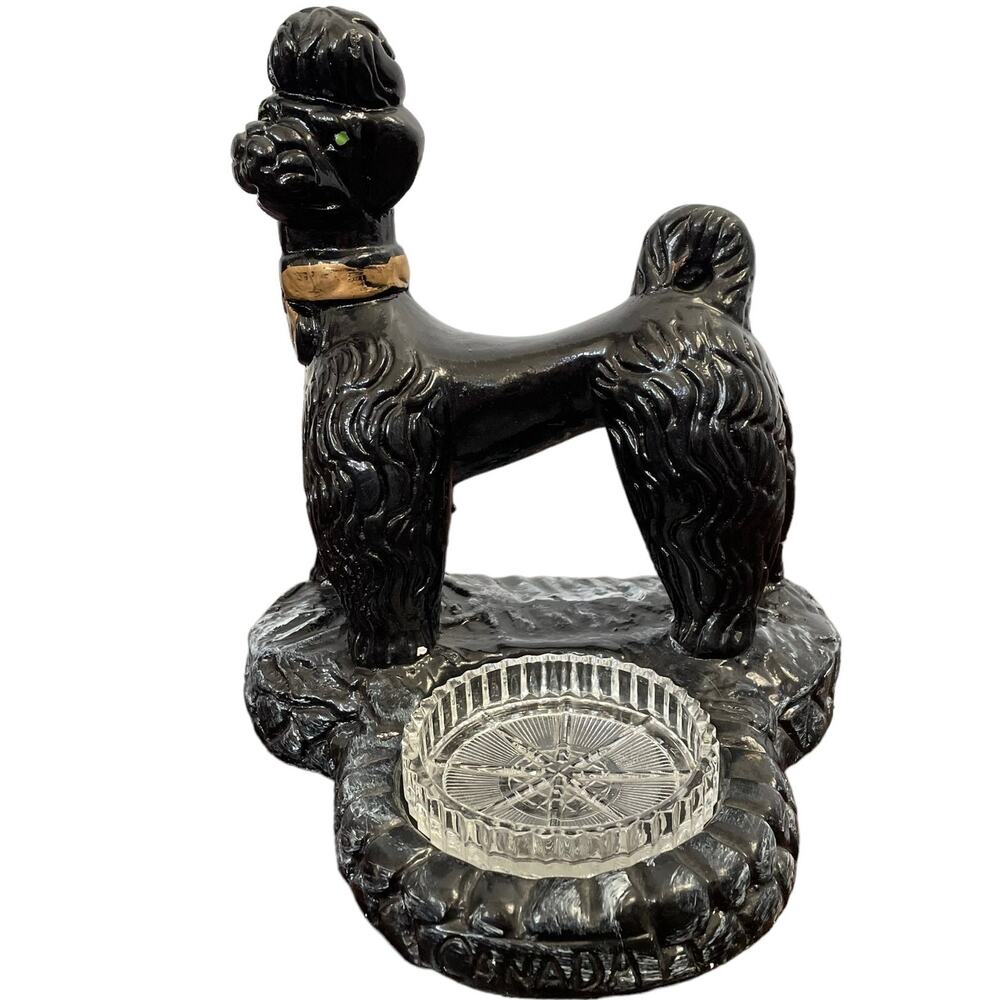 Chalkware Poodle Ashtray Large Black Dog Trinket Vtg Mid Century Kitschy READ
